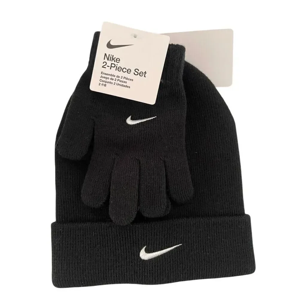Nike Youth Black Winter 2-Piece Beanie & Gloves Set Brand New Ribbed